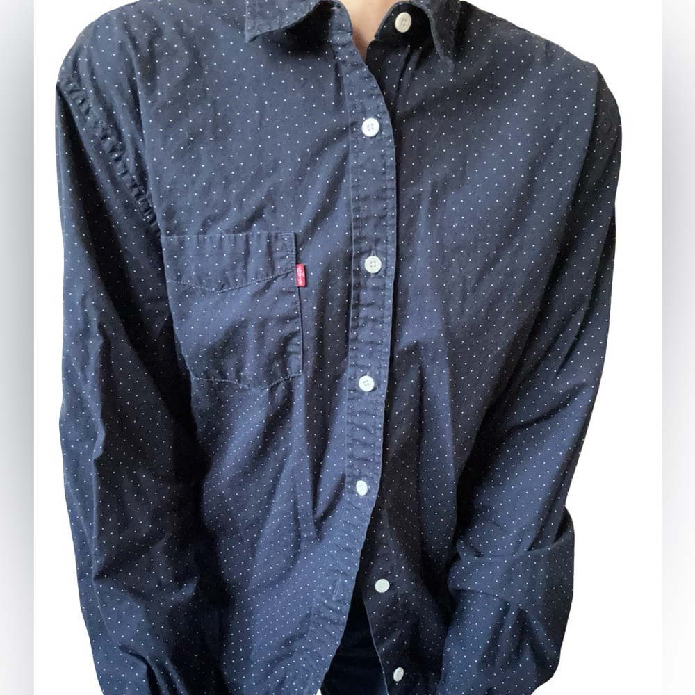 Vtg Men’s Levi’s Navy Polka Dot Button Down Cotton Shirt Standard Fit Unisex - Picture 8 of 12